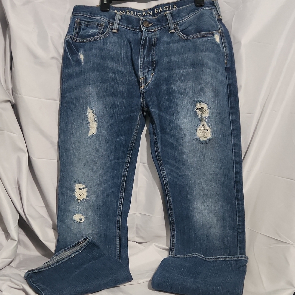 American Eagle Outfitters Men's Button Fly Low Rise Bootcut Distressed Jeans